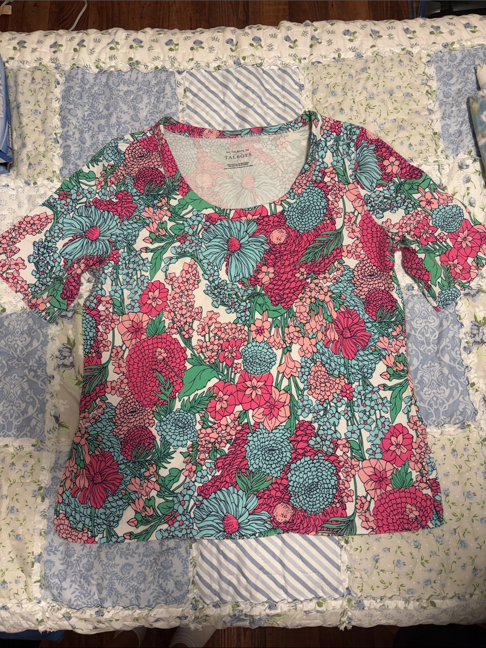 Talbots Pink, Aqua & Green Floral Scoop Neck Tee